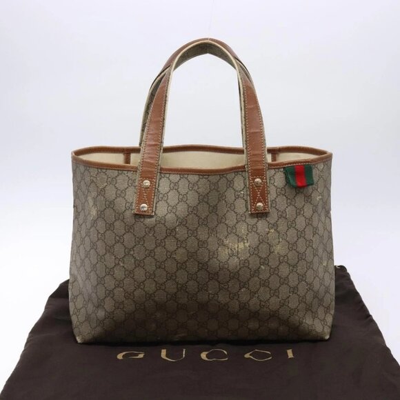GUCCI GG Supreme Web Sherry Line Tote Bag PVC Beige Red 211134 Auth gh538 - Picture 11 of 16
